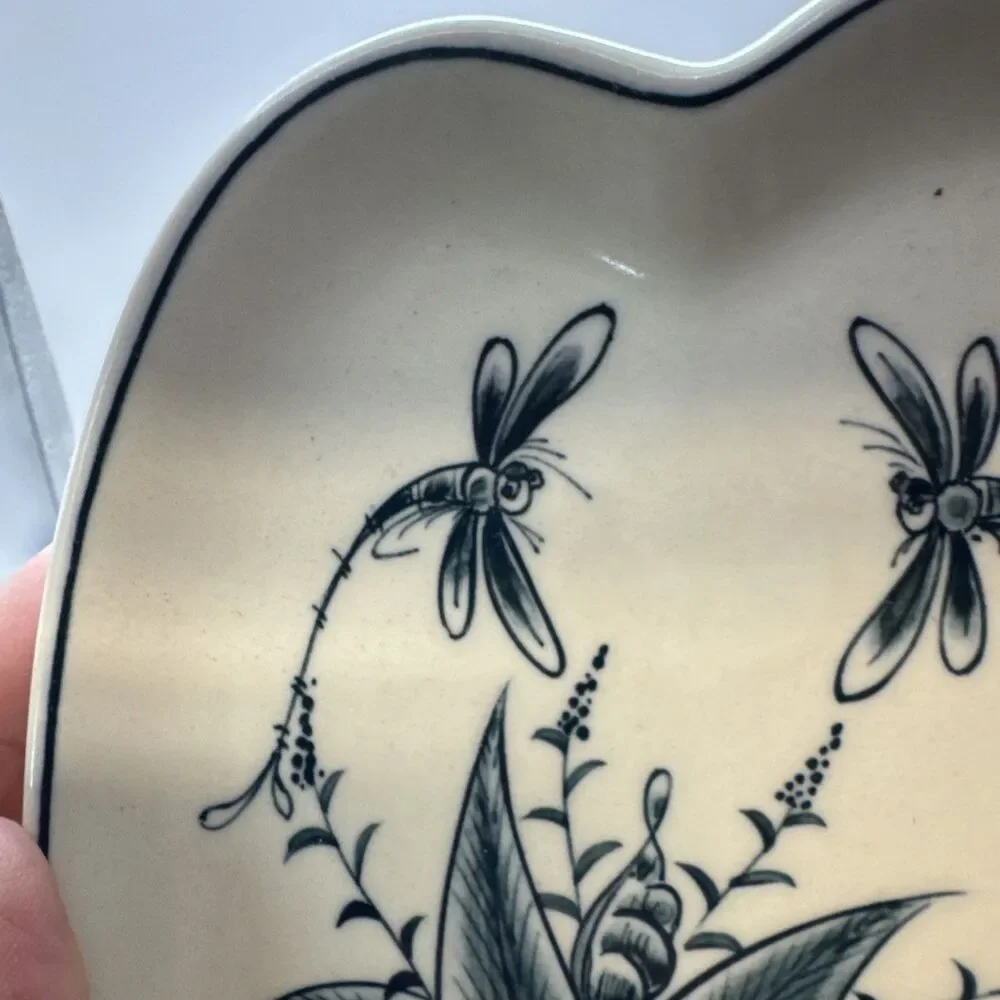 Bat Trang Vietnamese Hand Painted Pottery 2 Bowl heart trinket dish Dragonflies